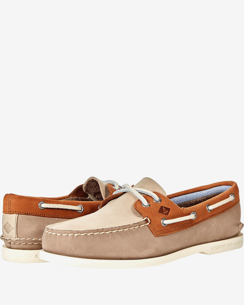 Sperry Authentic Originals 2-Eye Plushwave Tri-Tone Boat Shoes, Tan Mu â Oxford & Evergreen