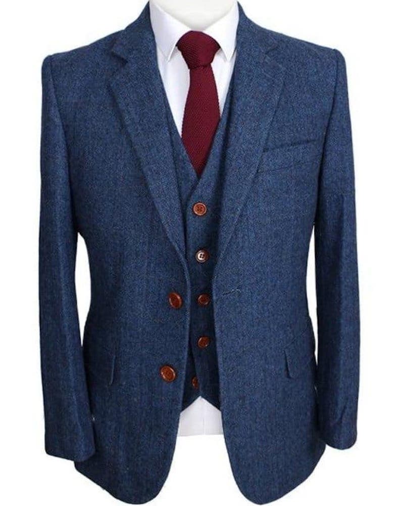 Blue herringbone sales tweed suit