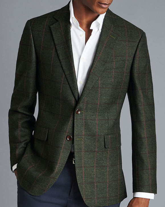 Charles Tyrwhitt Textured Wool Windowpane Check Jacket, Forest Green