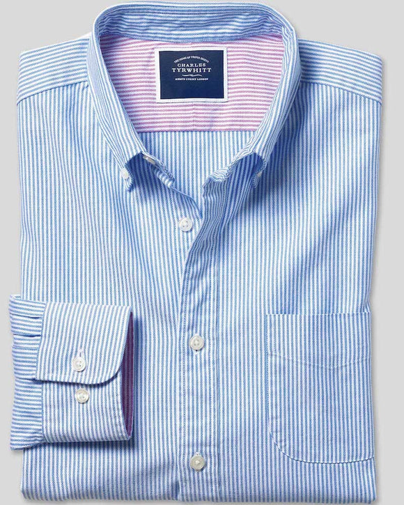 Charles Tyrwhitt Button-Down Collar Bengal Stripe Washed Oxford Shirt, Blue & White