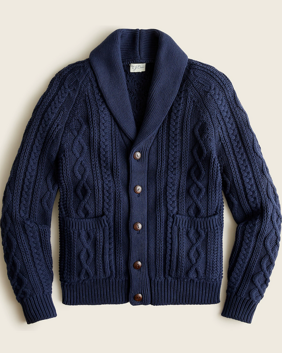 J. Crew Cotton Cable-Knit Shawl-Collar Cardigan Sweater, Navy (3 Colors)