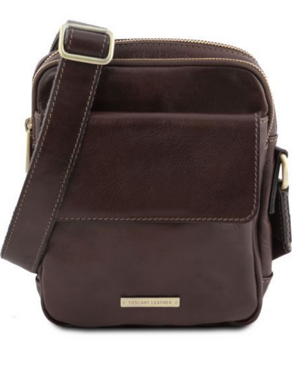 Tuscany Leather Larry Small Vegetable-Tanned Leather Crossbody Bag, Dark Brown (4 Colors) (6.8