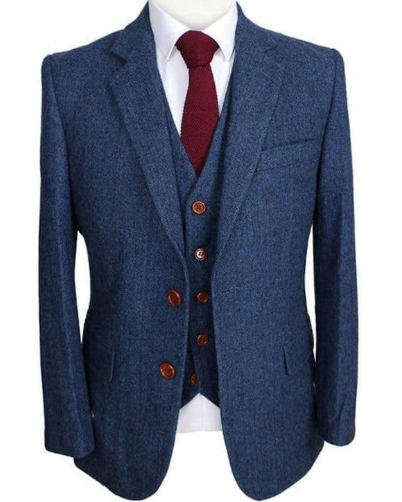 Tweedmaker Custom-Made 3 Piece Suit, Blue Herringbone Tweed